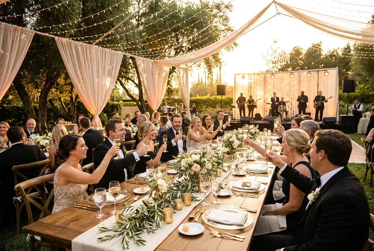 Hochzeitsempfang im Garten zur Golden Hour