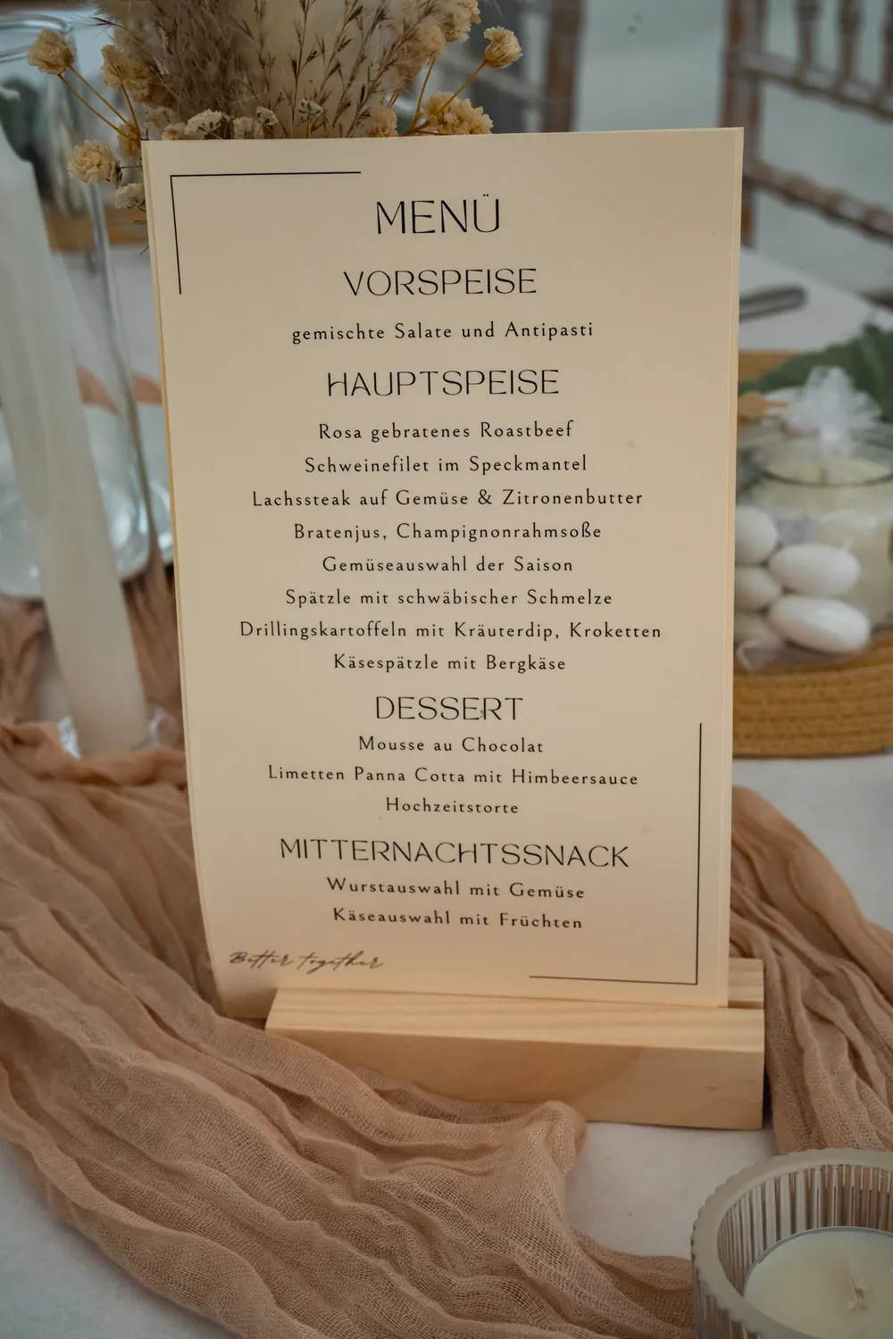 Menu card listing starter, main course, dessert and midnight snack.